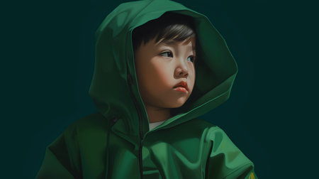 Portrait of a little boy in a green raincoat on a dark backgroundの素材