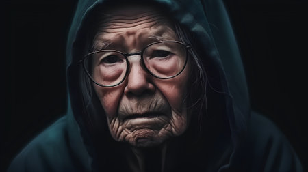 Portrait of an elderly woman in a hood on a black backgroundの素材