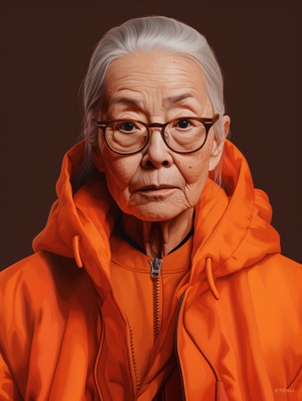 Portrait of an elderly Asian woman wearing an orange raincoat.の素材