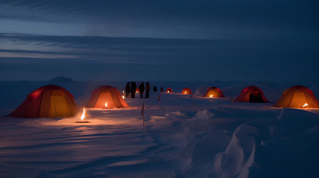 Camping in the snow at night. Tourists come out of the tent.の素材