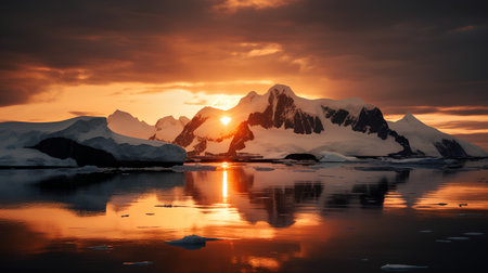 Antarctic landscape with icebergs at sunset. 3d renderingの素材