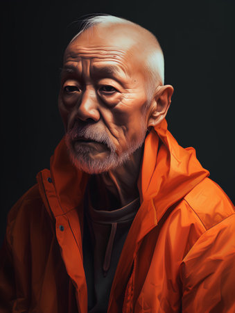Portrait of an old man in a red jacket on a black background.の素材