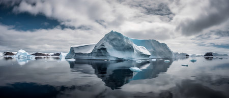 Antarctic landscape with icebergs and reflection in water. 3d renderingの素材