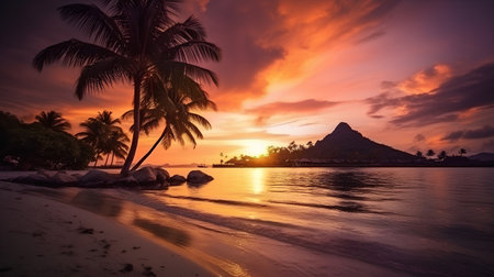 Tropical beach with palm tree at sunset, Seychellesの素材