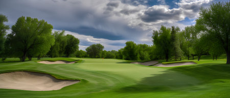 Beautiful golf course with green grass and cloudy sky. 3d renderingの素材