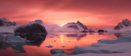 Beautiful winter landscape with snow covered mountains and lake. 3d renderingの素材