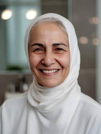 Portrait of smiling muslim woman in white hijab looking at cameraの素材