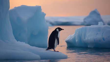 Chinstrap penguin on ice floe at sunset, Antarcticaの素材