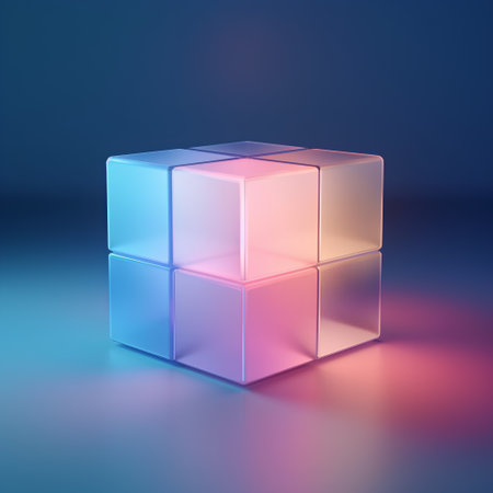 3d illustration of colorful geometric cube on dark blue background with neon lightsの素材