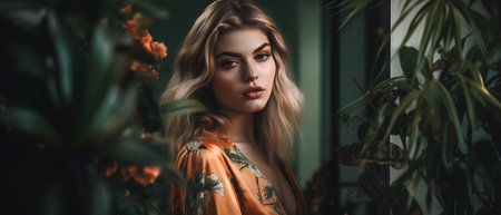 Fashion portrait of young beautiful woman in orange dress with tropical flowersの素材