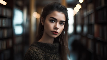 Portrait of a beautiful young woman in the library, looking at cameraの素材