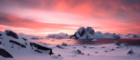 Fantastic winter landscape with snow-capped mountains and beautiful sunsetの素材