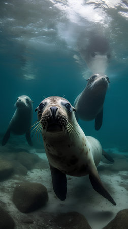 Seals and sea lions in the ocean. Zalophus californianusの素材