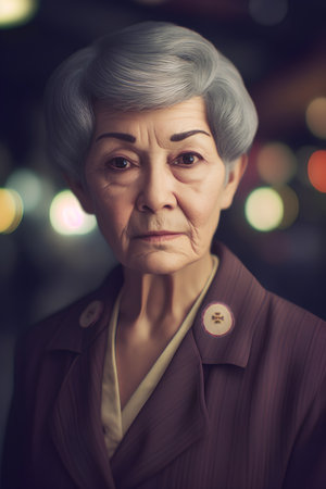 Portrait of senior asian woman looking at camera in the cityの素材