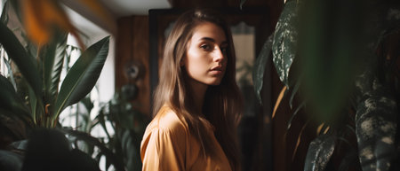 Portrait of a beautiful girl in a yellow dress in the interiorの素材