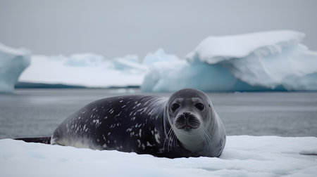 seal on the ice in the Antarctica with icebergs in the backgroundの素材