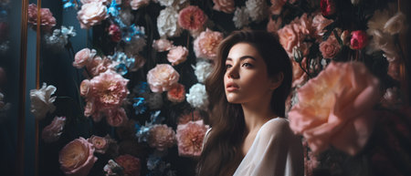 Foto de Beautiful young woman with flowers in the studio. Beauty, fashion. - Imagen libre de derechos