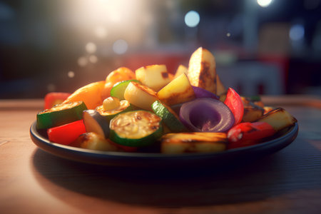 Fried vegetables on a plate in the restaurant. Selective focus.の素材