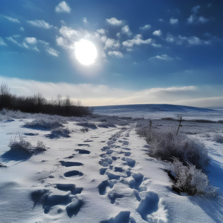 winter landscape with footprints in the snow on the field and blue skyの素材