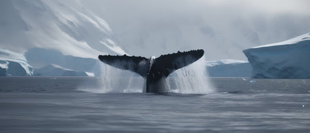 Humpback whale in the ocean with icebergs in the backgroundの素材