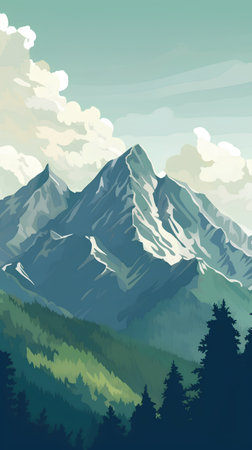 Mountain landscape with coniferous forest and cloudy sky. Vector illustration.の素材