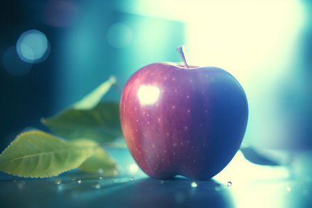 Fresh red apple with leaves on a blue background. Toned.の素材