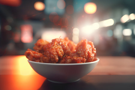 Bowl of fried chicken on the table in the restaurant background.の素材