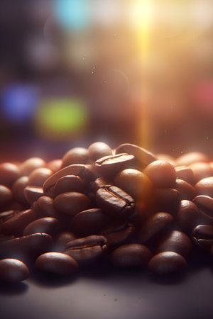 Coffee beans on a dark background. Selective focus.の素材