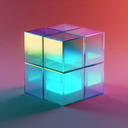 3d render of a colorful glass cube on a gradient background.の素材
