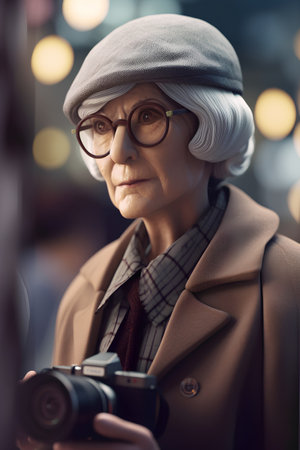 Portrait of an old woman with a camera on a city streetの素材