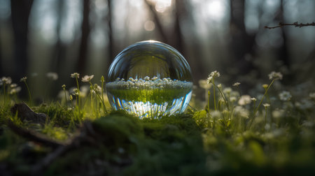 crystal ball on the grass in the forest with bokehの素材