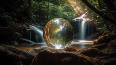 Glowing glass ball in the forest with waterfall background. 3d renderingの素材