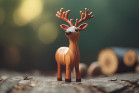 Wooden reindeer toy on old wood with bokeh backgroundの素材