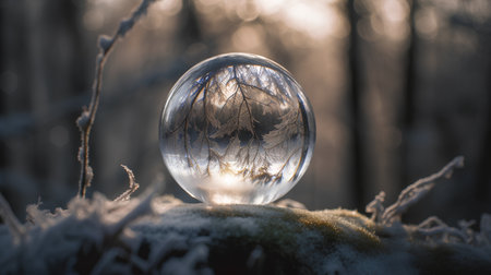 crystal ball with the image of a winter forest on the grassの素材