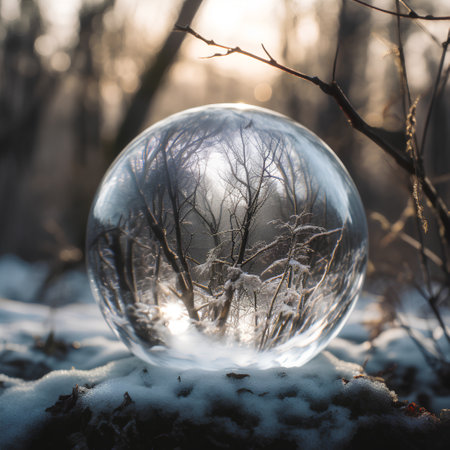 crystal ball with the image of a winter landscape in the forestの素材