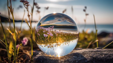 Reflection in glass ball of summer landscape with lake and meadowの素材