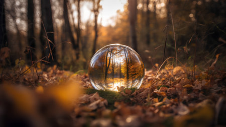 Crystal ball with reflection of trees and autumn leaves in the forest.の素材