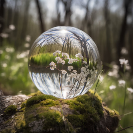 Crystal ball with grass and flowers in the forest. Reflection in water.の素材