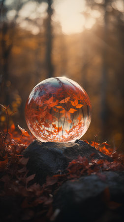 Crystal ball with autumn leaves on a stone in the forest at sunsetの素材