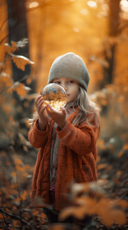 Little girl in the autumn forest with a pumpkin in her hands.の素材