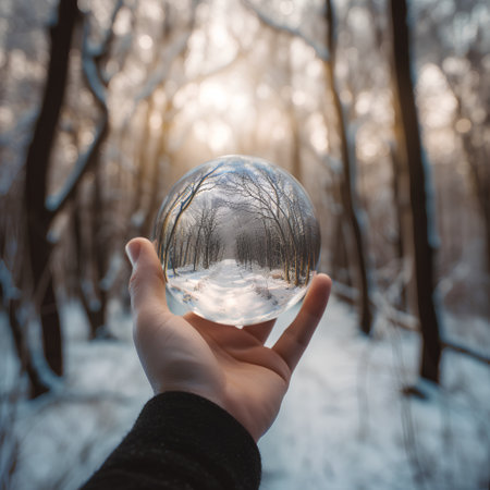 Crystal ball in hand on winter forest background. Christmas and New Year concept.の素材