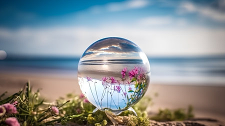 crystal ball on the beach with sea and sky in the backgroundの素材
