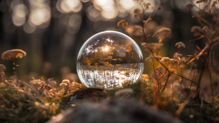 crystal ball on the ground in the forest at sunset, bokehの素材