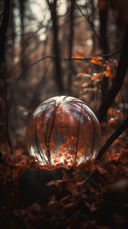 Crystal ball in the autumn forest. Conceptual image. 3d renderingの素材