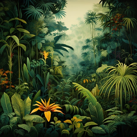 Tropical jungle landscape with flowers and plants. Vector illustration.の素材