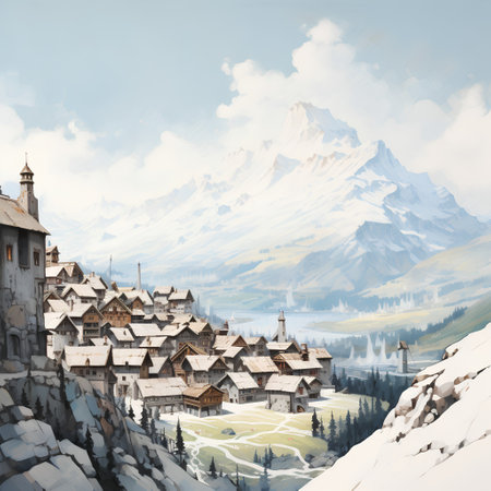 Snowy mountain landscape with old wooden houses and snow-capped peaksの素材
