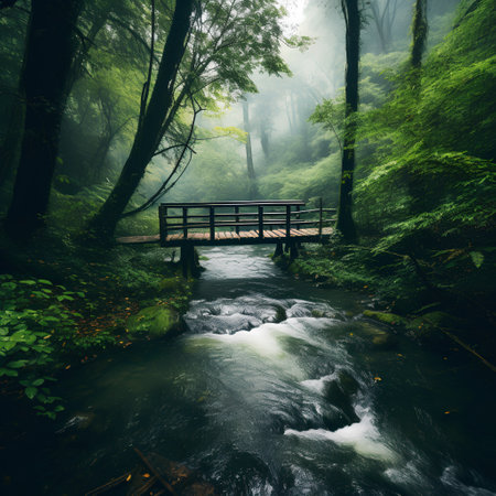 Foggy forest with wooden bridge in the middle of the riverの素材