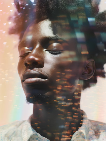 Close-up portrait of beautiful african american woman with closed eyes against abstract backgroundの素材