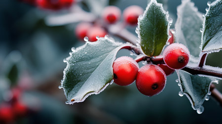 Red berries of holly covered with hoarfrost and dewの素材