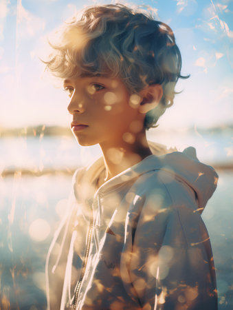 Portrait of a beautiful young boy on the background of the sea.の素材